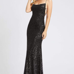 Black Sequin Scoop Neck Strappy Open Back Evening Gown