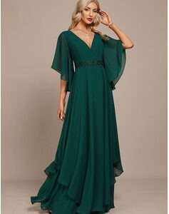 Dark Green Gown With Bell Sleeves