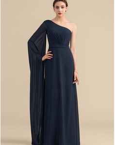 Navy Blue Gown With One Shoulder Long Bell Sleeve