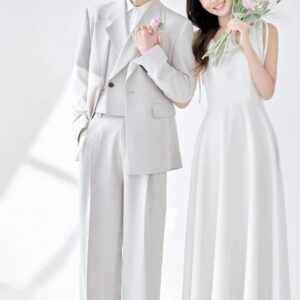 White Gown And Grey Suit Set For Couple