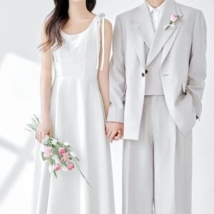 White Gown And Grey Suit Set For Couple