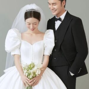Wedding White Gown And Black Suit Set For Couple