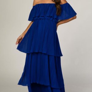 Blue Off Shoulder Layered Maternity Gown