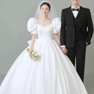 Wedding White Gown And Black Suit Set For Couple