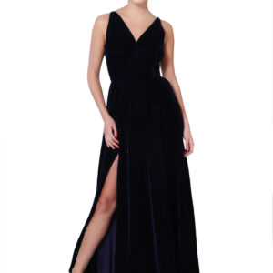 Navy Blue Velvet Gown With Side Slit