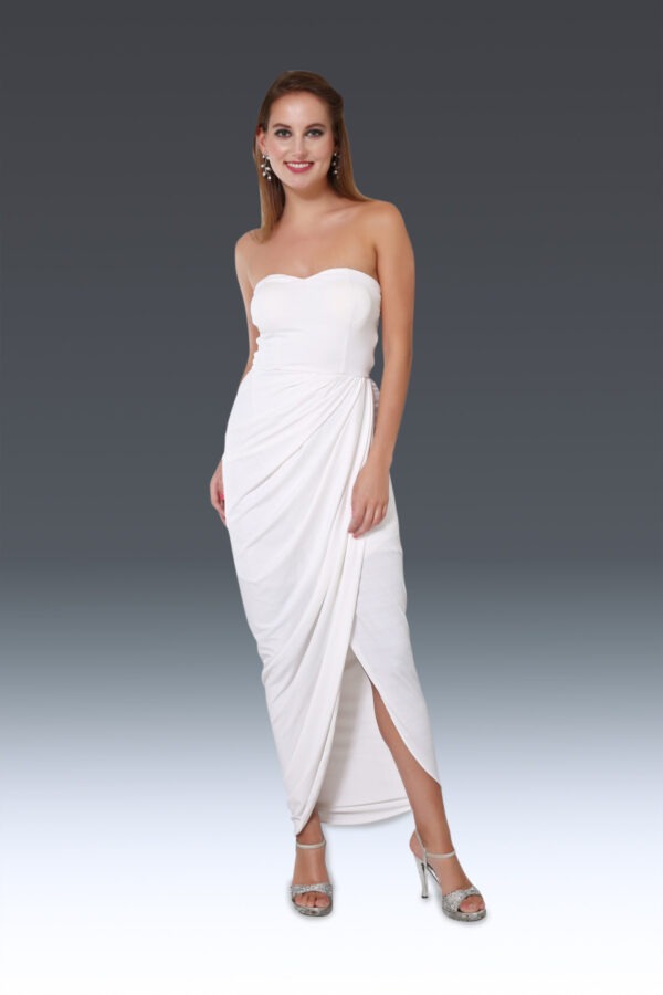 White Draped Off Shoulder Side Slit Gown