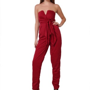 Wine Off Shoulder Front Knot Jumpsuit