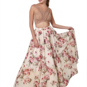 Floral Print Lehenga With Beige Lace Crop Top