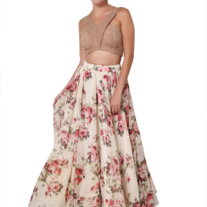 Floral Print Lehenga With Beige Lace Crop Top