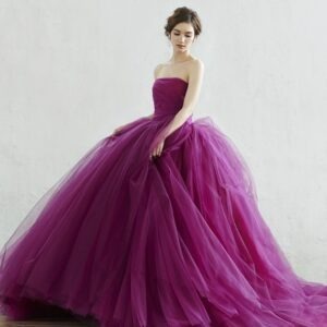Purple Full Flared Off Shoulder Trail Gown