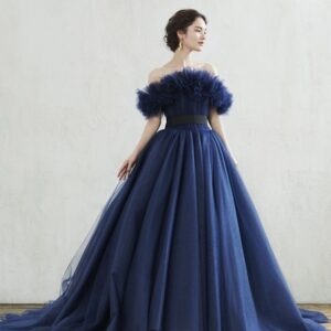 Navy Blue Off Shoulder Full Flared Trail Gown