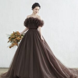 Frill Brown Off Shoulder Trail Gown