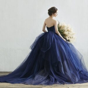 Navy Blue Full Flared Off Shoulder Trail Gown