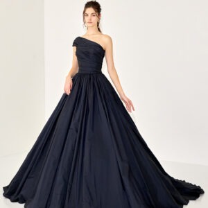 Navy Blue Full Flared One Off Shoulder Trail Gown