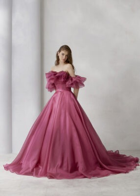 Pink Trail Gown With Detachable Frill Yoke & Sleeves