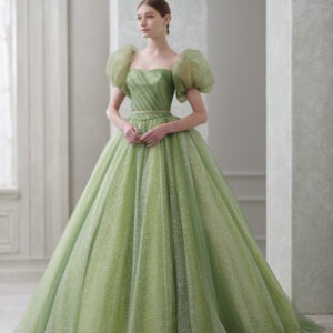 Shimmery Green Off Shoulder Trail Gown With Detachable Sleeves