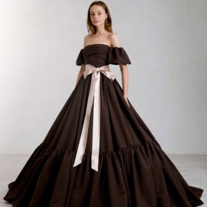 Brown Off Shoulder Tiered Trail Gown With Detachable Sleeves