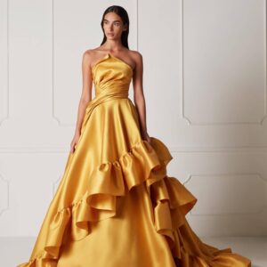 Yellow Off Shoulder Ruffle Trail Gown