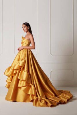 Yellow Off Shoulder Ruffle Trail Gown
