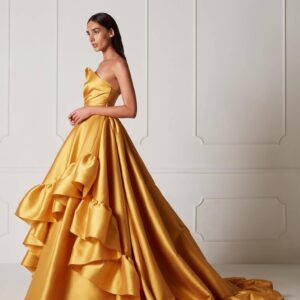 Yellow Off Shoulder Ruffle Trail Gown