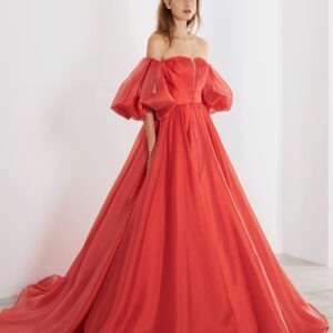 Red Off Shoulder Trail Gown With Detachable Sleeves