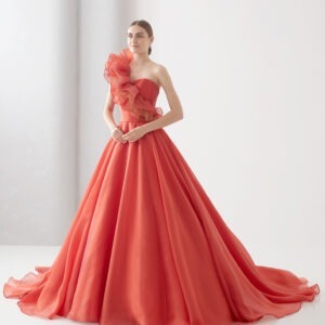 Red Trail Gown With Frill Side Yoke