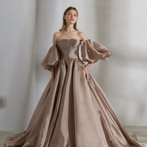 Bronze Brown Off Shoulder Trail Gown With Detachable Sleeves