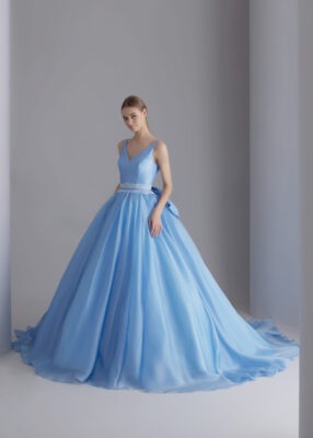 Blue Organza Gown With Detachable Back Bow