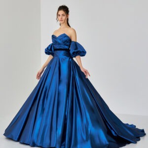 Blue Off Shoulder Trail Gown With Detachable Sleeves