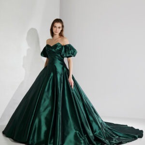 Green Off Shoulder Trail Gown With Detachable Sleeves