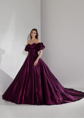 Purple Off Shoulder Trail Gown With Detachable Sleeves