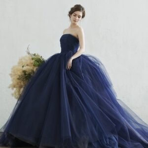 Navy Blue Full Flared Off Shoulder Trail Gown