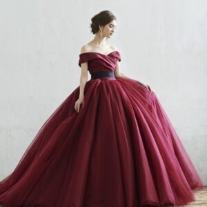 Wine Full Flared Off Shoulder Trail Gown