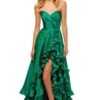 Green Off Shoulder Side Slit Ruffle Gown