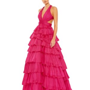 Pink Ruffle Gown With Criss Cross Back