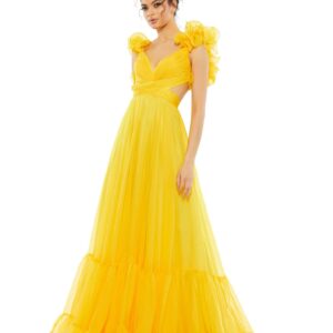 Yellow Tiered Gown With Criss Cross Back