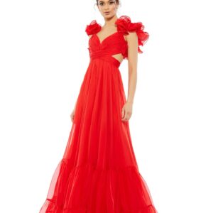 Red Tiered Gown With Criss Cross Back