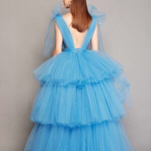 Blue Multi Layered Trail Gown For Pre-Wedding Photoshoot