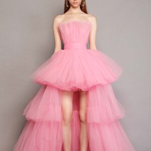 Pink Multi Layered Trail Gown For Pre-Wedding Photoshoot