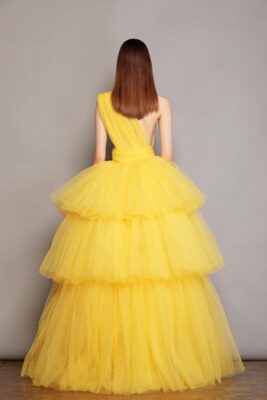 Yellow Multi Layered Trail Gown For Pre-Wedding Photoshoot