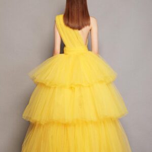 Yellow Multi Layered Trail Gown For Pre-Wedding Photoshoot