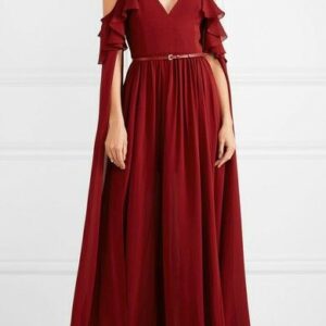 Wine Cold Shoulder Gown With Trail Sleeves