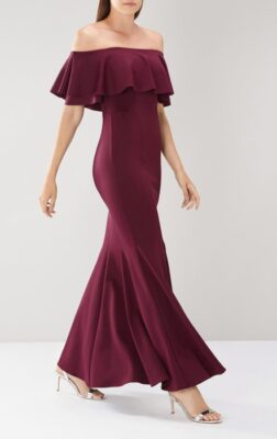 Off Shoulder Fit And Flare Wine Gown