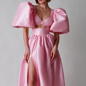 Cute Puffed Sleeve Pink Gown