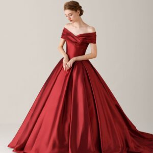 Off Shoulder Red Trail Gown For Pre-Wedding Photoshoot