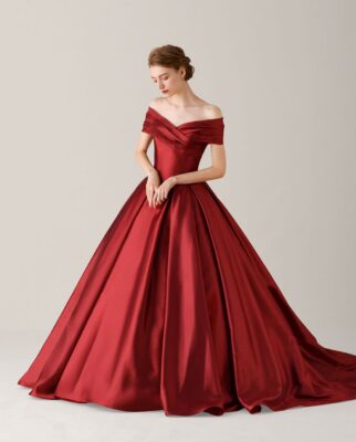 Off Shoulder Red Trail Gown For Pre-Wedding Photoshoot