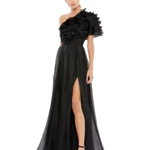 One Off Shoulder Layered Sleeve Black Gown