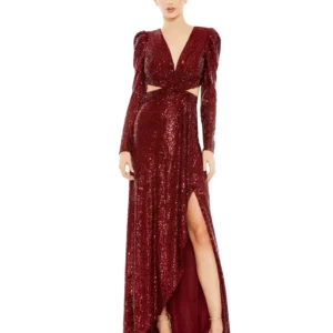 Wine Side Slit Sequin Gown