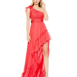 Red One Shoulder Gown With Side Slit
