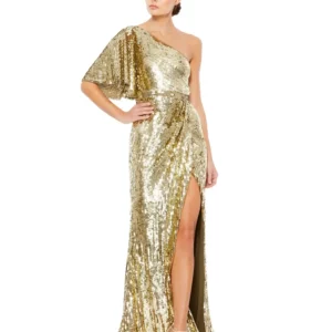 One Off Shoulder Gold Sequin Gown